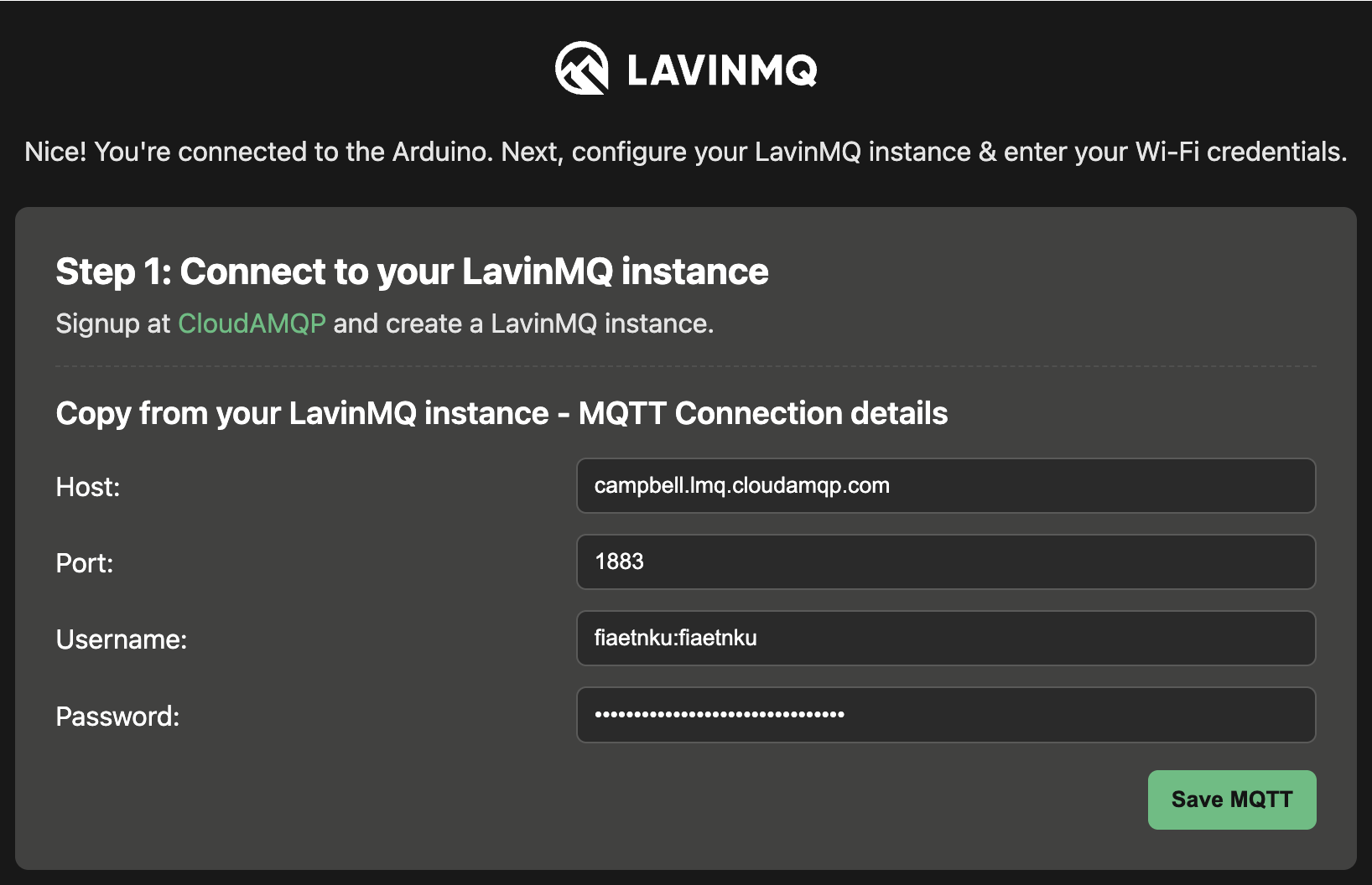 LavinMQ credentials