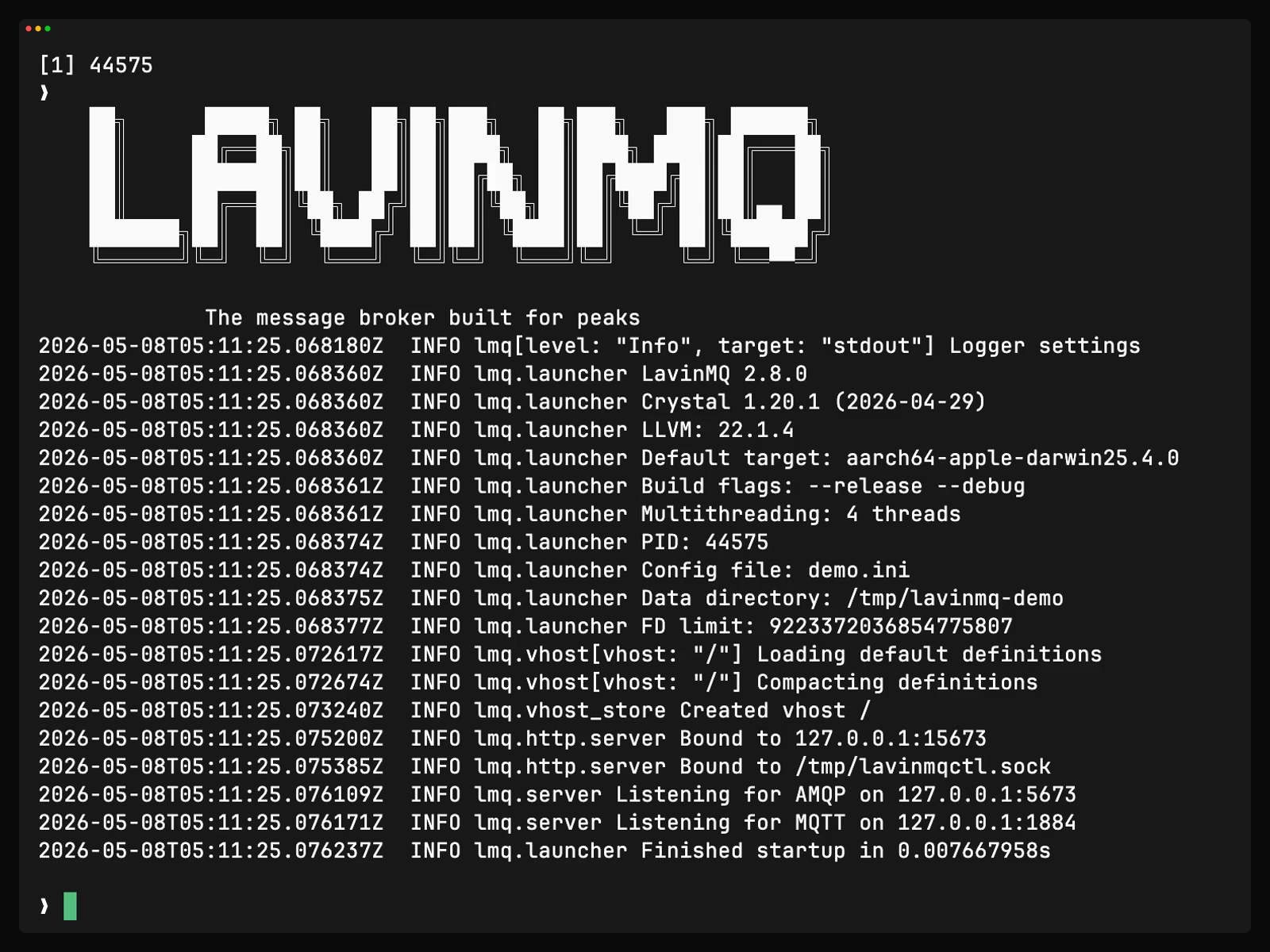 Terminal recording: brew install lavinmq finishes in seconds via the homebrew-core bottle, then the LavinMQ broker boots in milliseconds with its ASCII logo and startup logs.