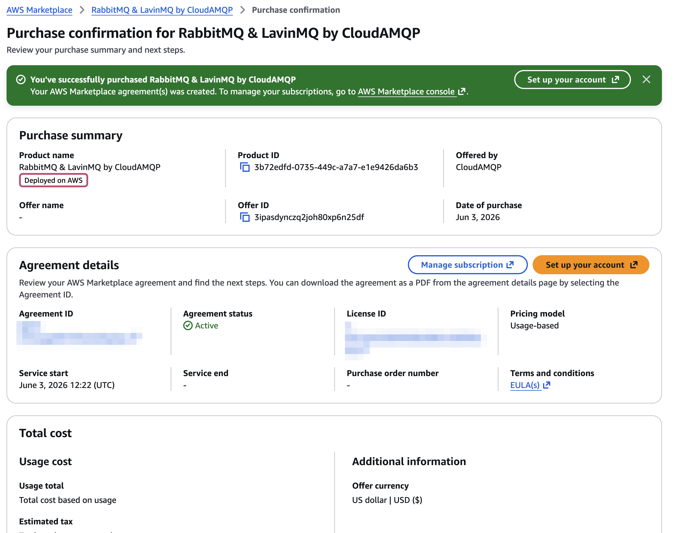 AWS Marketplace subscription confirmation page
