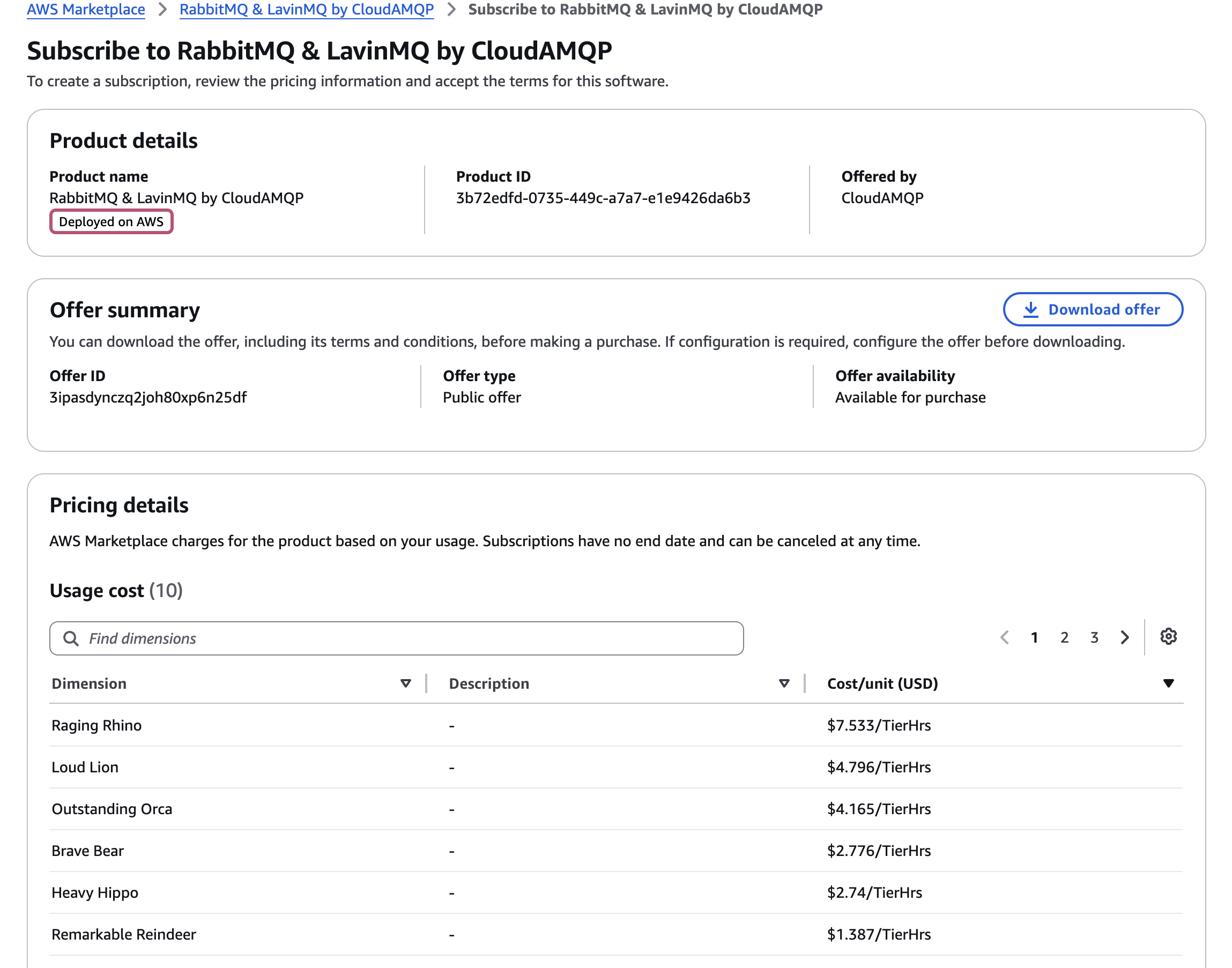 AWS Marketplace subscription page