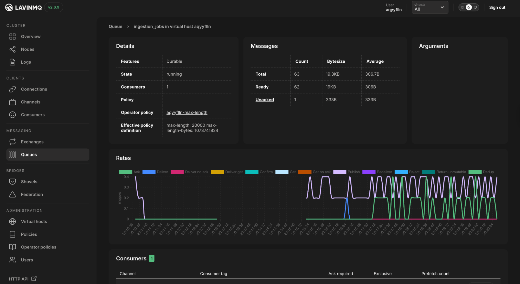LavinMQ management interface showing queued messages