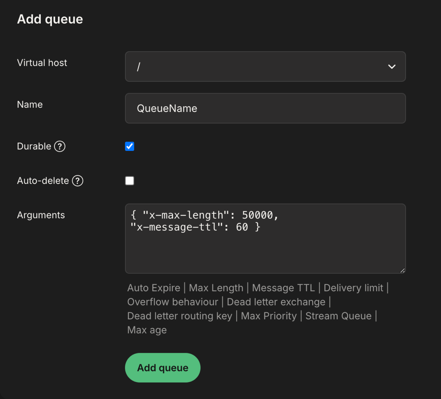 Setting  arguments via Management Interface